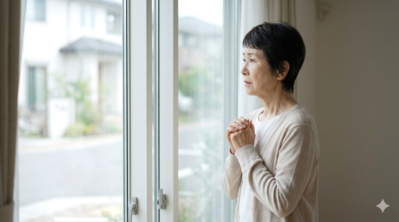 実家の窓辺で不安げな表情を浮かべる高齢女性の様子