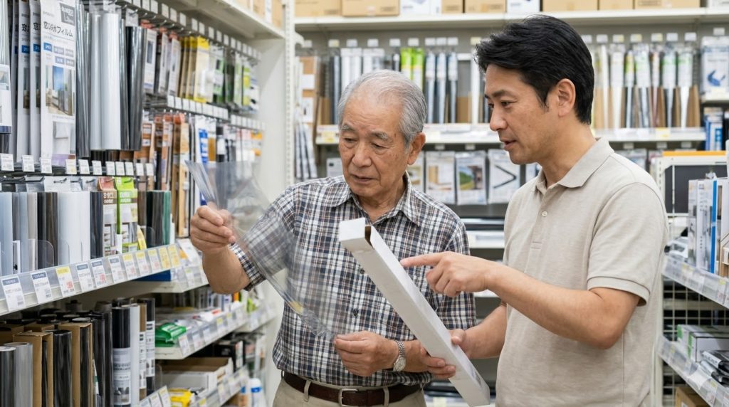 ホームセンターで薄い飛散防止フィルムを手に取る高齢男性と、それを説明する息子