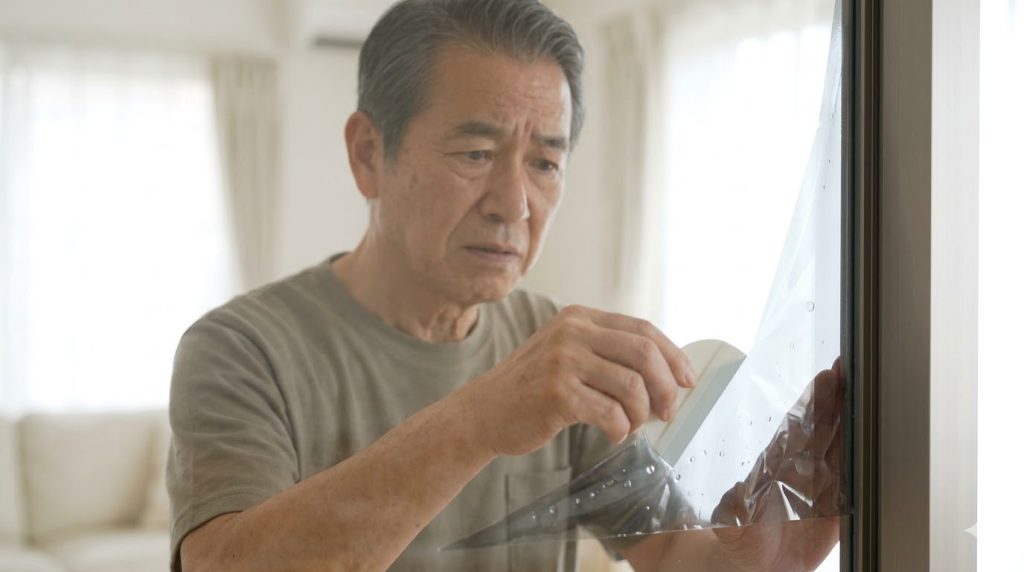 DIYで防犯フィルムを貼る際、ガラスとの間に気泡が残ってしまった施工不良の様子