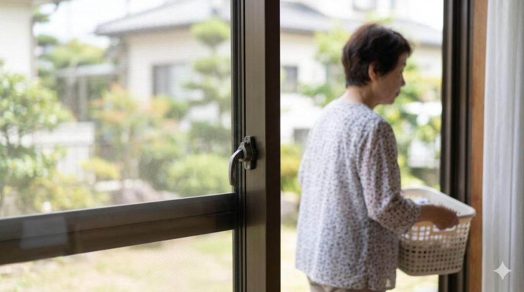 実家の窓の鍵（クレセント錠）をかけ忘れて、そのまま部屋を去っていく高齢女性