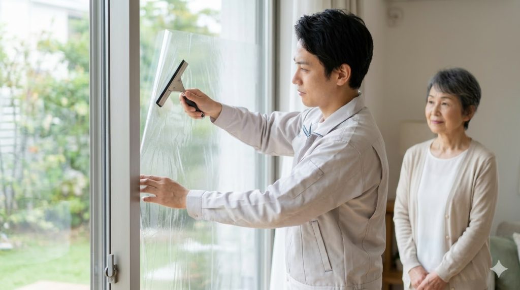 専門業者が実家の窓に防犯フィルムを全面施工する様子と、それを安心した表情で見守る高齢女性
