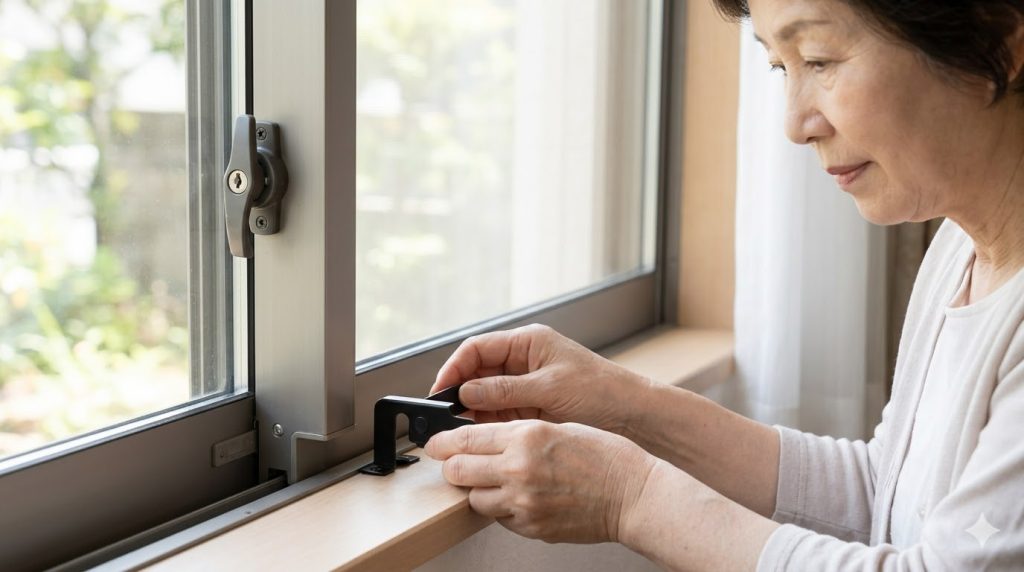 実家の窓の鍵（クレセント錠）に加え、サッシ用の補助錠を自分で取り付ける高齢女性