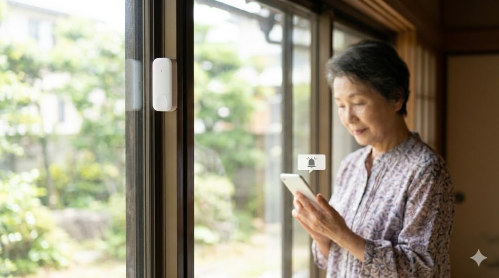 実家の窓に取り付けられた小型の開閉センサーと、スマートフォンで通知を確認する高齢女性