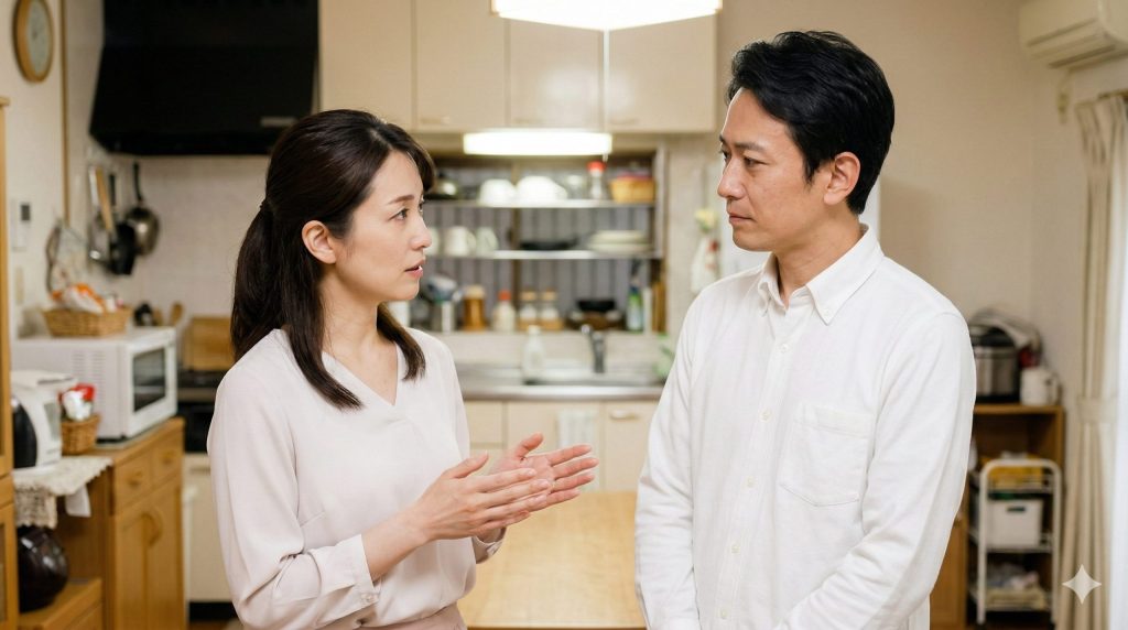 自宅のキッチンで、義理の両親の介護問題について夫と真剣に話し合う日本人の妻。