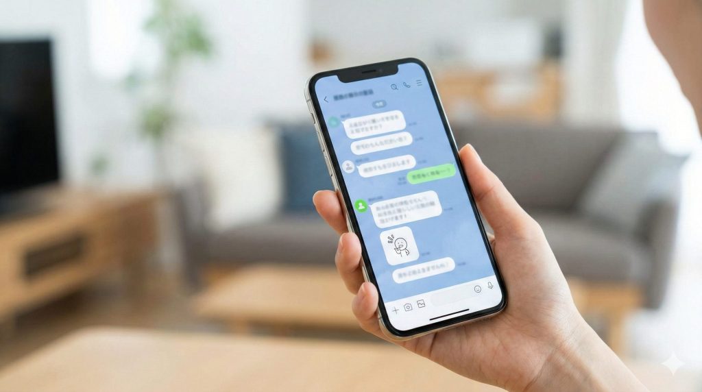 スマートフォンで、義理の家族との介護に関するグループチャットを確認する女性の手元。