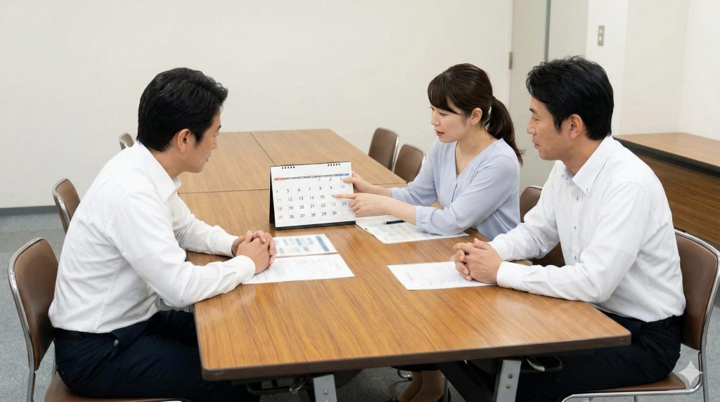 親の介護の役割分担について、カレンダーを見ながら話し合う実子(兄弟)とお嫁さん。