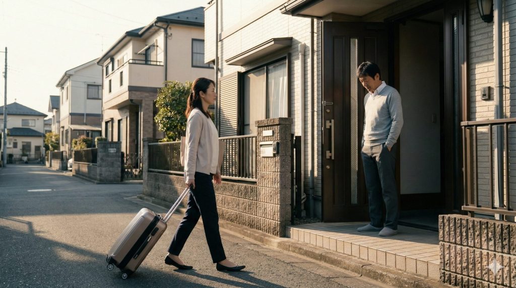 義両親との同居を解消し、スーツケースを持って家を出る決意をした日本人の女性。