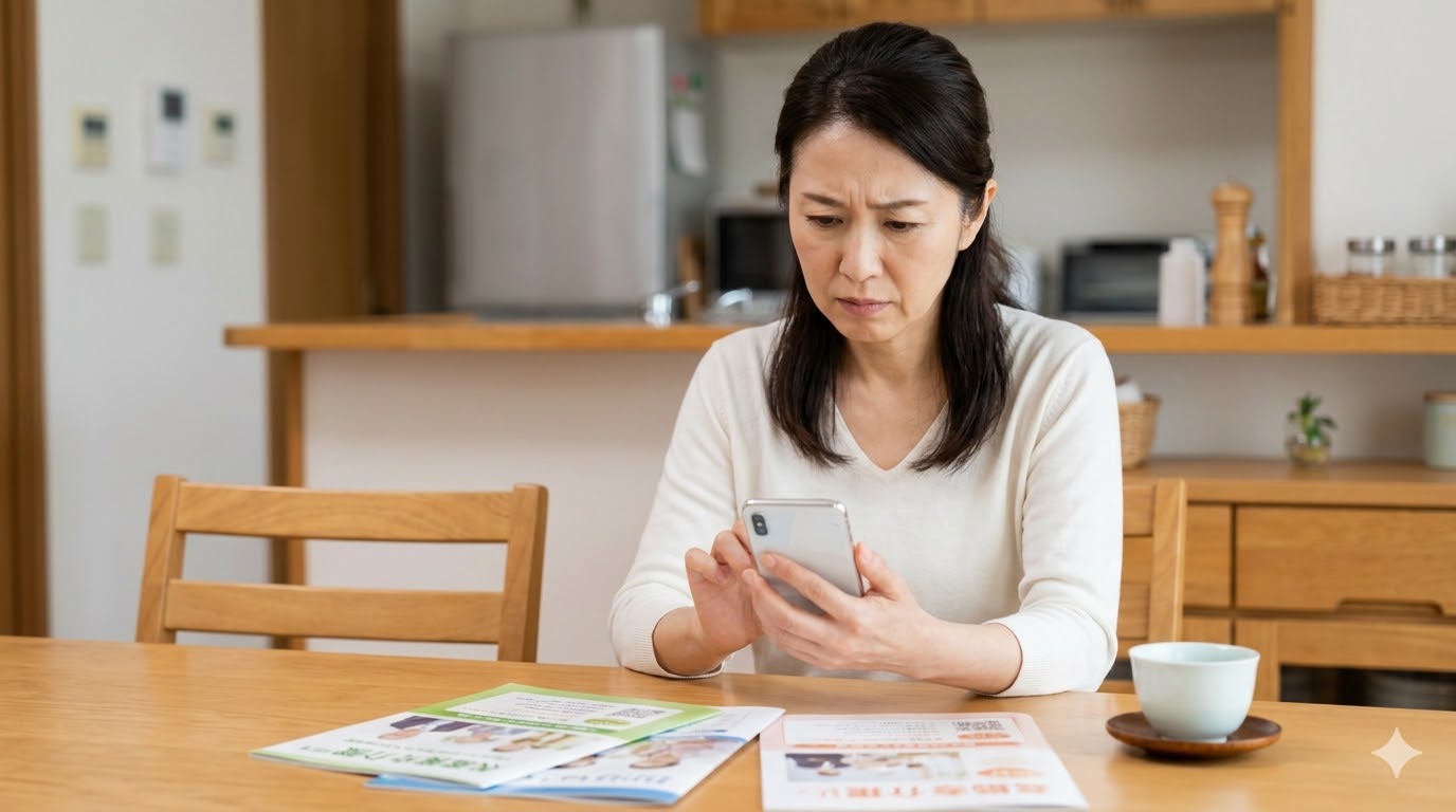 遠方の高齢の親を心配し、スマートフォンを手に取りケアマネージャーの資料を見つめる日本人女性。