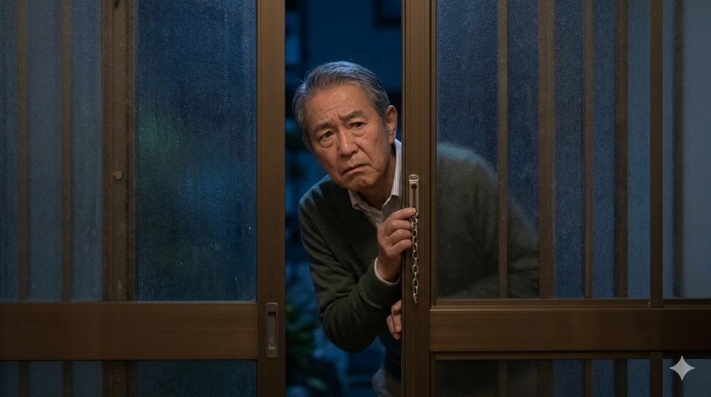 夜、窓付近で少し不安げな表情を浮かべる高齢の日本人男性。防犯への懸念を表すイメージ。