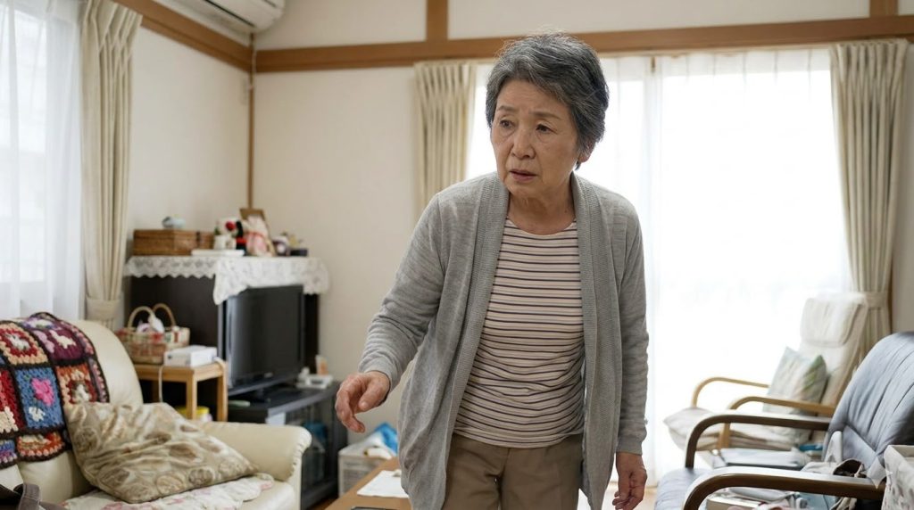居間で探し物をしながら少し困惑した表情を見せる高齢の日本人女性。生活の限界サインのイメージ。