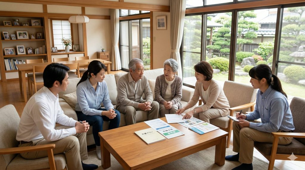 複合家族の定義を視覚化。リビングで話し合う高齢の両親と複数の兄弟姉妹夫婦。