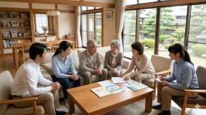 複合家族の定義を視覚化。リビングで話し合う高齢の両親と複数の兄弟姉妹夫婦。