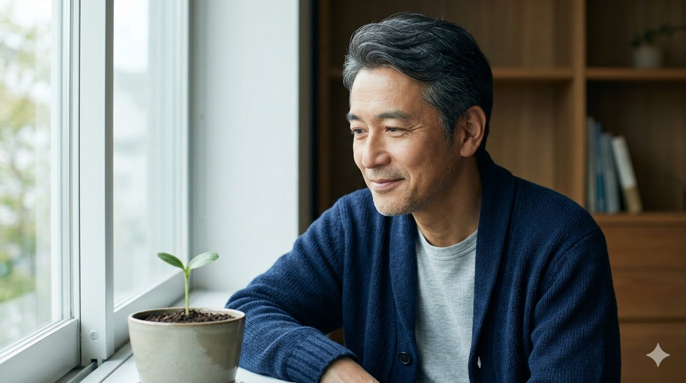 窓際で小さな芽を穏やかに見つめる日本人の男性。日常の中にある小さな幸せや生きがいを再発見するイメージ。