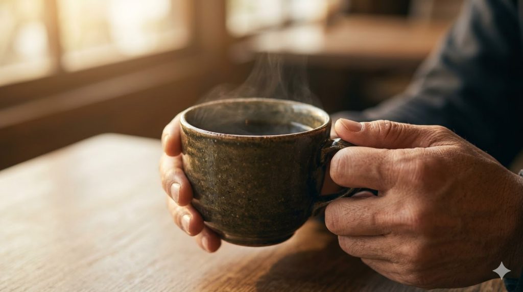 温かいコーヒーカップを両手で持つ様子。日々のルーティンの中に隠れた小さな喜びと心の平穏を象徴するビジュアル。
