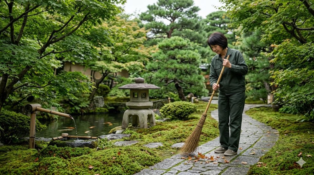 日本庭園を丁寧に掃除する女性。結果だけでなく、日々の所作やプロセスそのものに価値を見出す日本的な生きがいの概念。