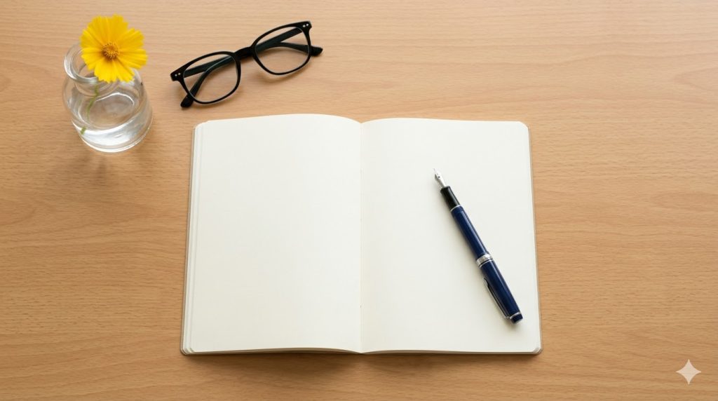 自己分析を始めるためのノートと万年筆が置かれたデスク。自分の価値観を整理し、生きがいを探す準備が整った状態。