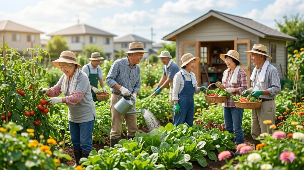 地域コミュニティの菜園で笑顔で活動する日本人のシニアグループ。定年後の社会貢献と新しい仲間づくりのイメージ。