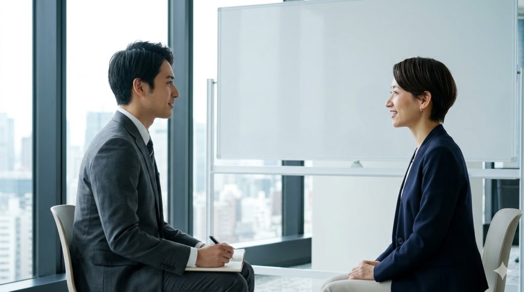 キャリアコーチングを受けるビジネスパーソン。プロの対話を通じて自分の情熱の源泉やキャリアの軸を見つけ出す様子。