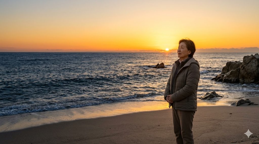 日の出の海辺に立つ人物。自分らしい人生と新しい生きがいに向かって歩み始める希望に満ちた風景。