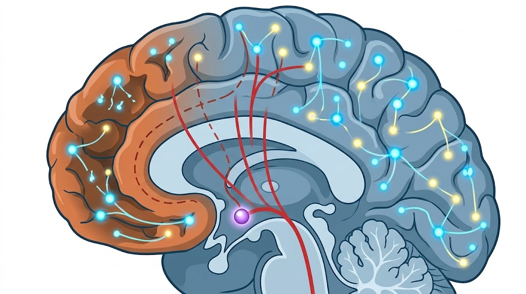 認知症(前頭側頭型認知症)による脳の機能障害の仕組み。前頭葉が萎縮し、本能や衝動を抑えるブレーキ(抑制)が機能しなくなった状態を表す医療イラスト。