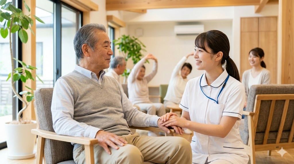 認知症(色ボケ症状あり)の父が介護施設(特養)でプロのスタッフに優しく迎えられ、穏やかに過ごす様子。家族が限界を感じたとき、専門的なケアで本人も家族も救う前向きな選択肢を表す。