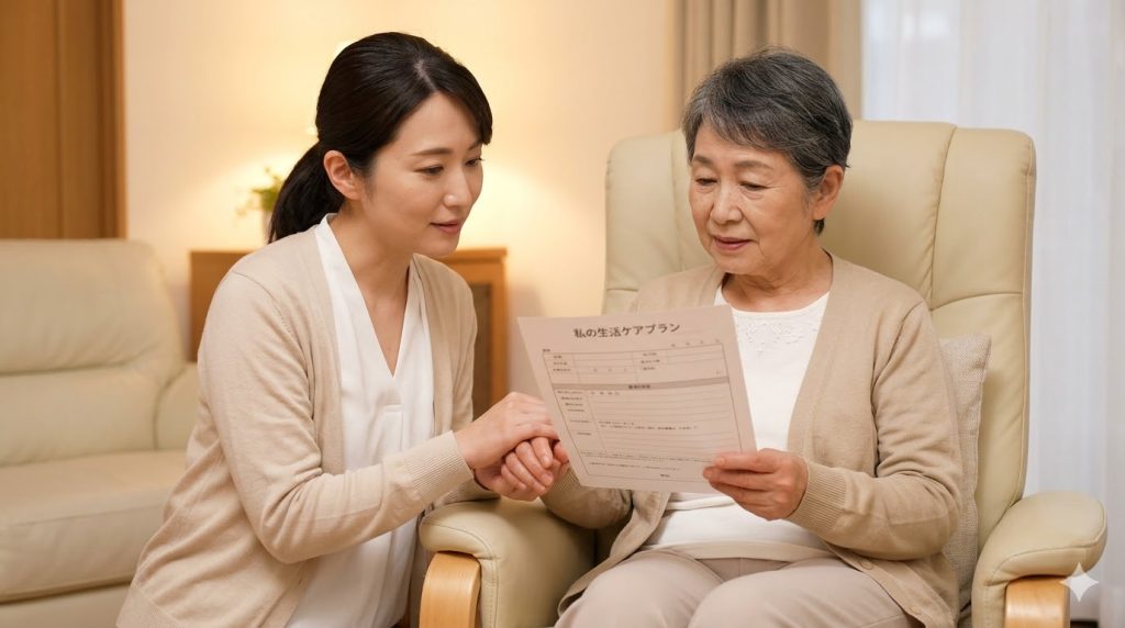リビングで、穏やかな表情の高齢の母親と、その手に優しく触れる日本人の娘。テーブルの上には、「私の生活ケアプラン」と書かれた（※テキストは含めない）人生会議（ACP）の資料があり、事前に対話を重ねる様子を表現。