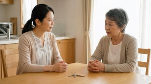 ケアマネージャーに高齢の親の鍵の閉め忘れについて相談する、日本人の娘と母親の様子。穏やかで真剣な会話シーン。