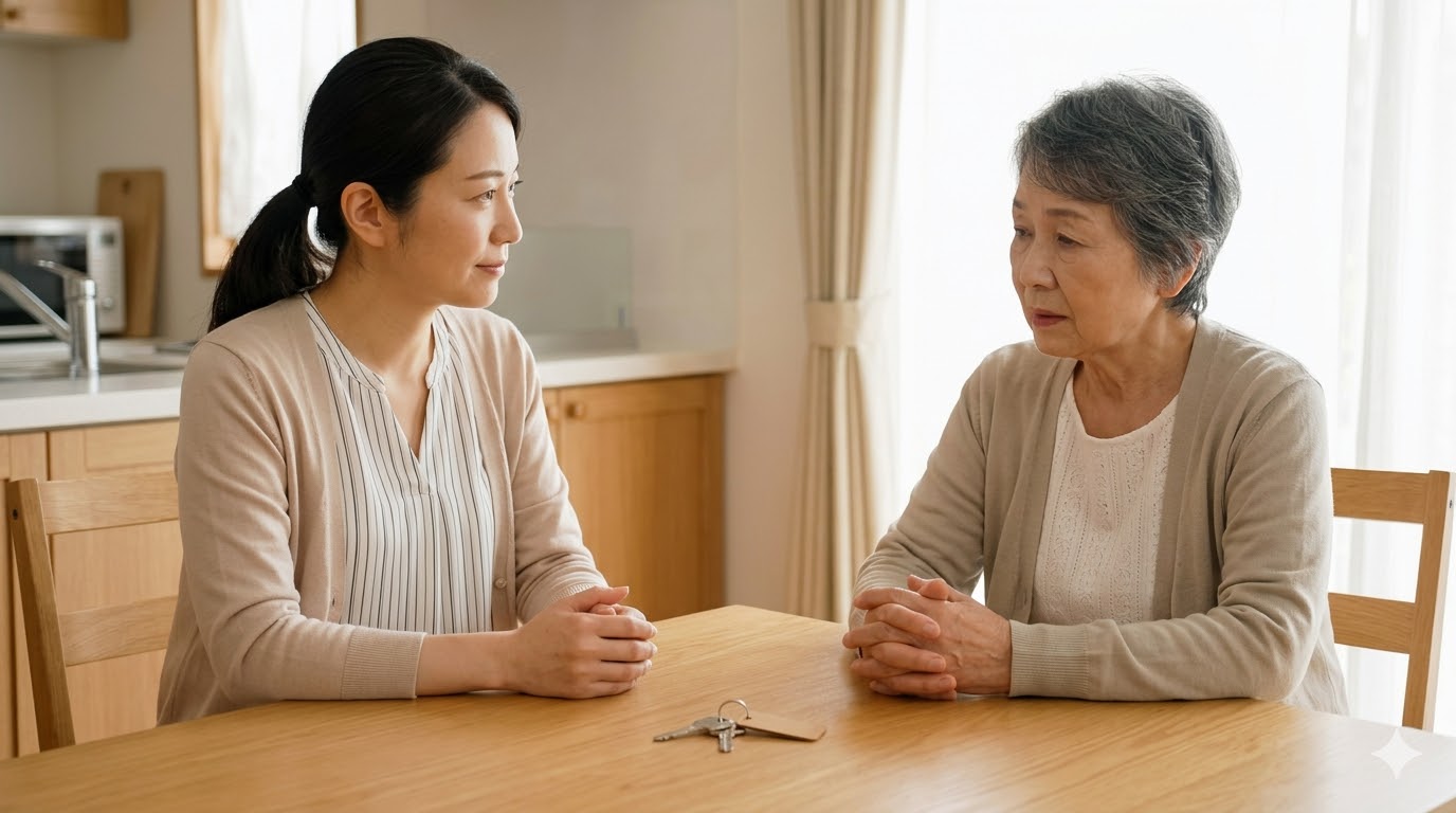 ケアマネージャーに高齢の親の鍵の閉め忘れについて相談する、日本人の娘と母親の様子。穏やかで真剣な会話シーン。