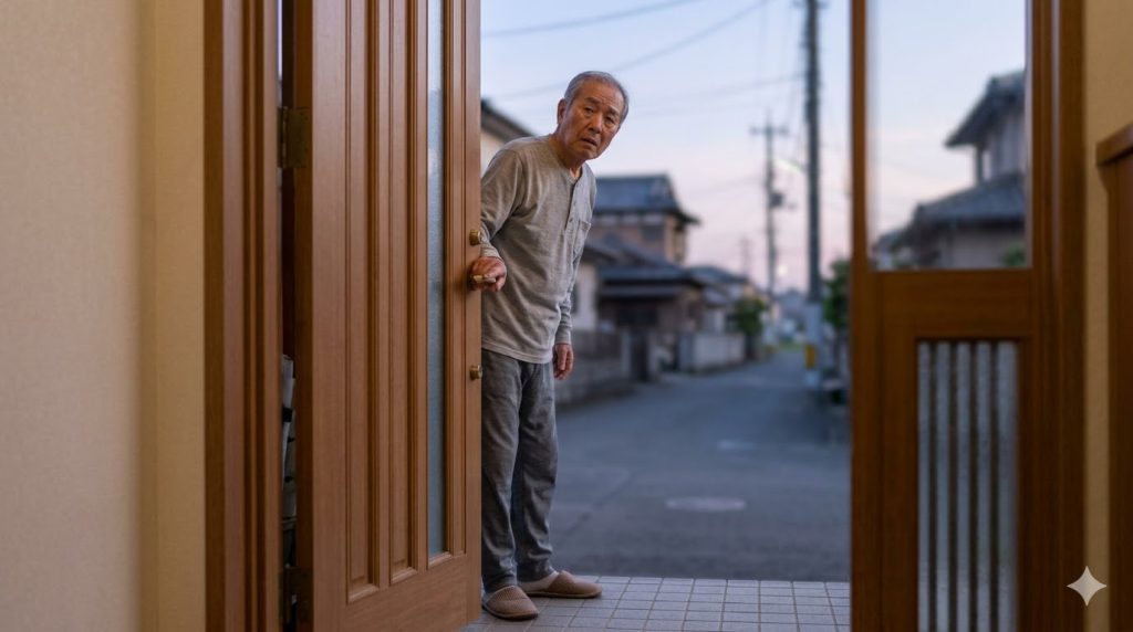 夕暮れ時、玄関のドアを開けて外に出ようとする、少し混乱した様子の高齢日本人男性。認知症による徘徊リスクをイメージ。