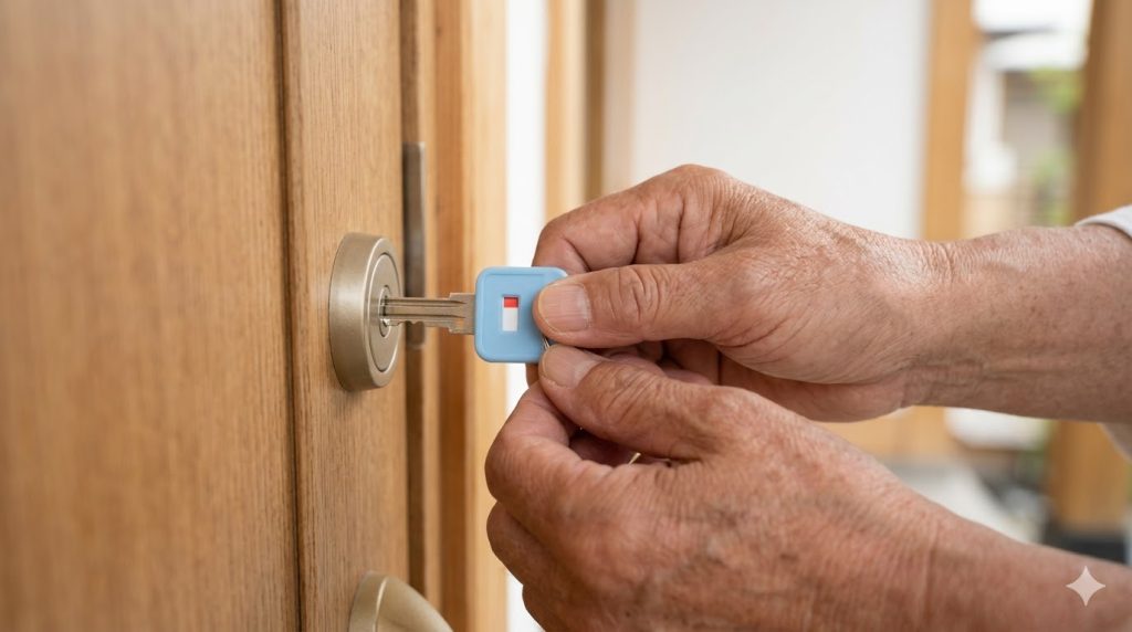 高齢者の手元で、鍵の施錠状態を表示窓の色（白）で判別できる、後付けのキーカバー。日本の住宅の玄関ドアでの使用シーン。