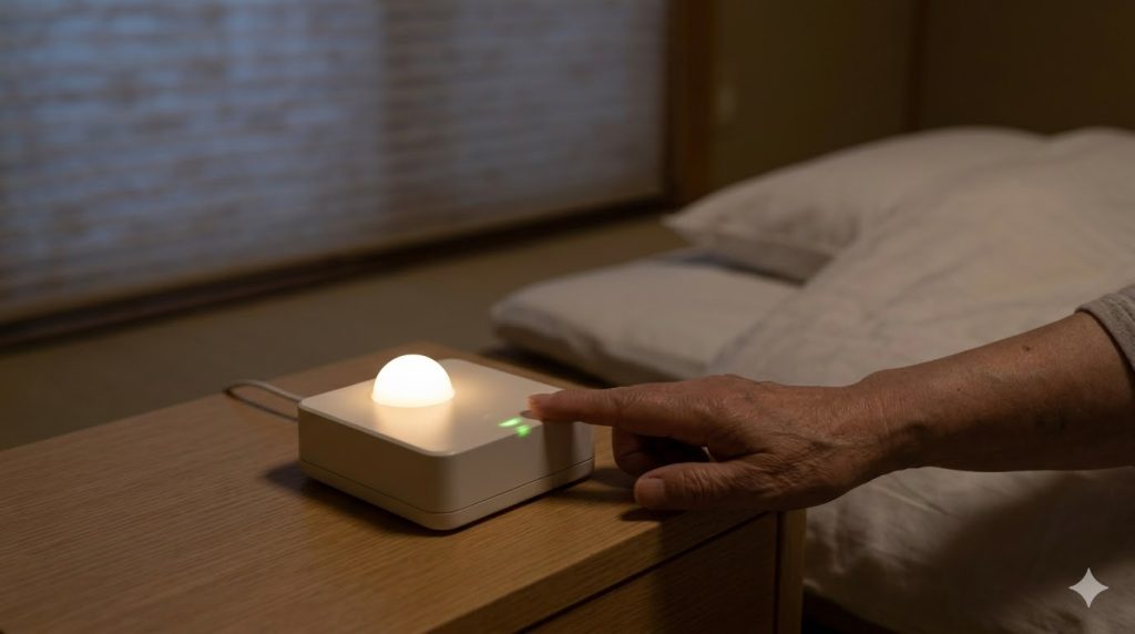 深夜の高齢者の寝室で、離床センサーの検知をフラッシュ光と音で知らせる受信機。日本人の手が、その信号を確認しようとしている様子。