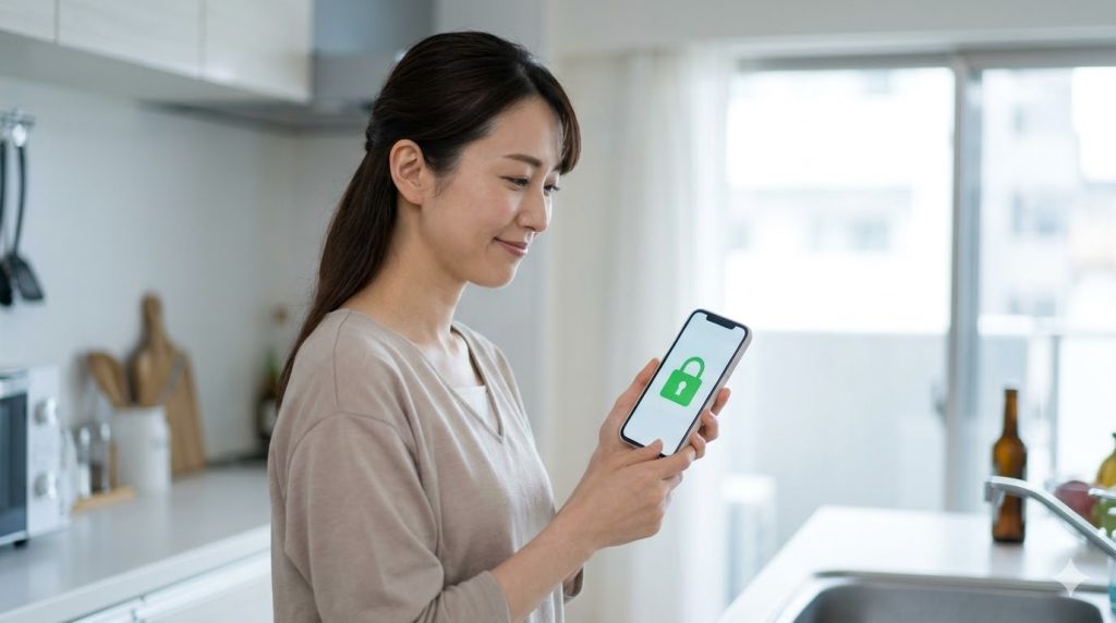 外出先のキッチンで、スマホのアプリ画面（施錠アイコン）を確認し、安堵の表情を浮かべる日本人の娘。スマートロックと遠隔見守りの様子。