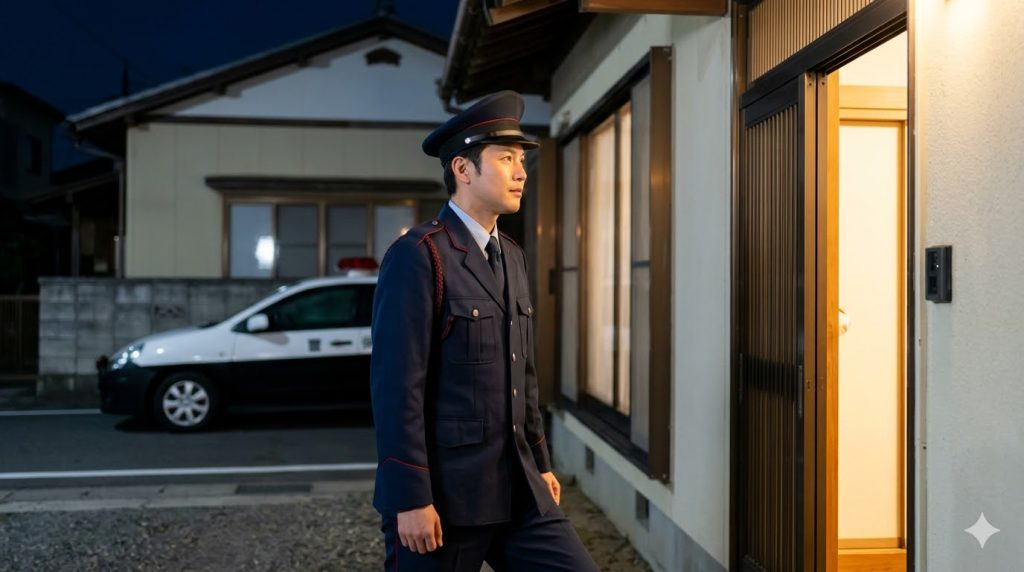 夜間、日本の高齢者宅に駆けつけた警備会社のプロのガードマン。alertな表情で玄関前を確認し、安全を確保しようとする様子。