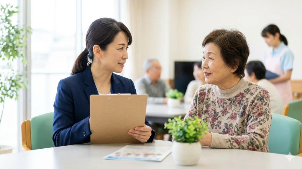 地域包括支援センターで、ケアマネージャーと穏やかに面談する高齢の日本人女性。介護や見守りについて相談する様子。