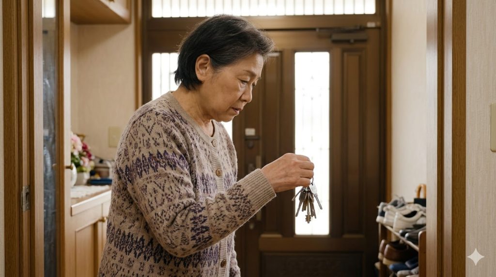 玄関先で鍵の操作に困り、不安そうな表情を浮かべる日本の高齢女性の画像。認知症による鍵の管理の難しさや徘徊リスクを視覚的に表現している。