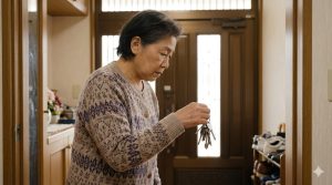 玄関先で鍵の操作に困り、不安そうな表情を浮かべる日本の高齢女性の画像。認知症による鍵の管理の難しさや徘徊リスクを視覚的に表現している。