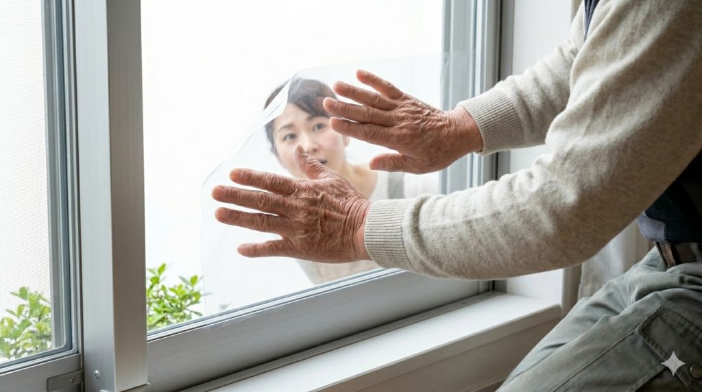 自宅のリビングで混乱した表情を浮かべ、引き出しをかき回す日本の認知症高齢女性。物盗られ妄想や鍵の管理が困難な様子。