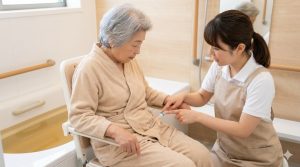 バリアフリーのお風呂場で、介護職員が尿管カテーテル利用の高齢女性に、接続部をお湯に浸けない入浴方法を実演指導する様子。