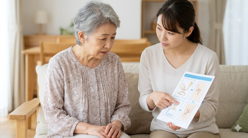リビングで、尿管カテーテルを利用する高齢女性に対し、娘がイラスト入りの手順書を使いながらトラブル時の対応を優しく説明する様子。