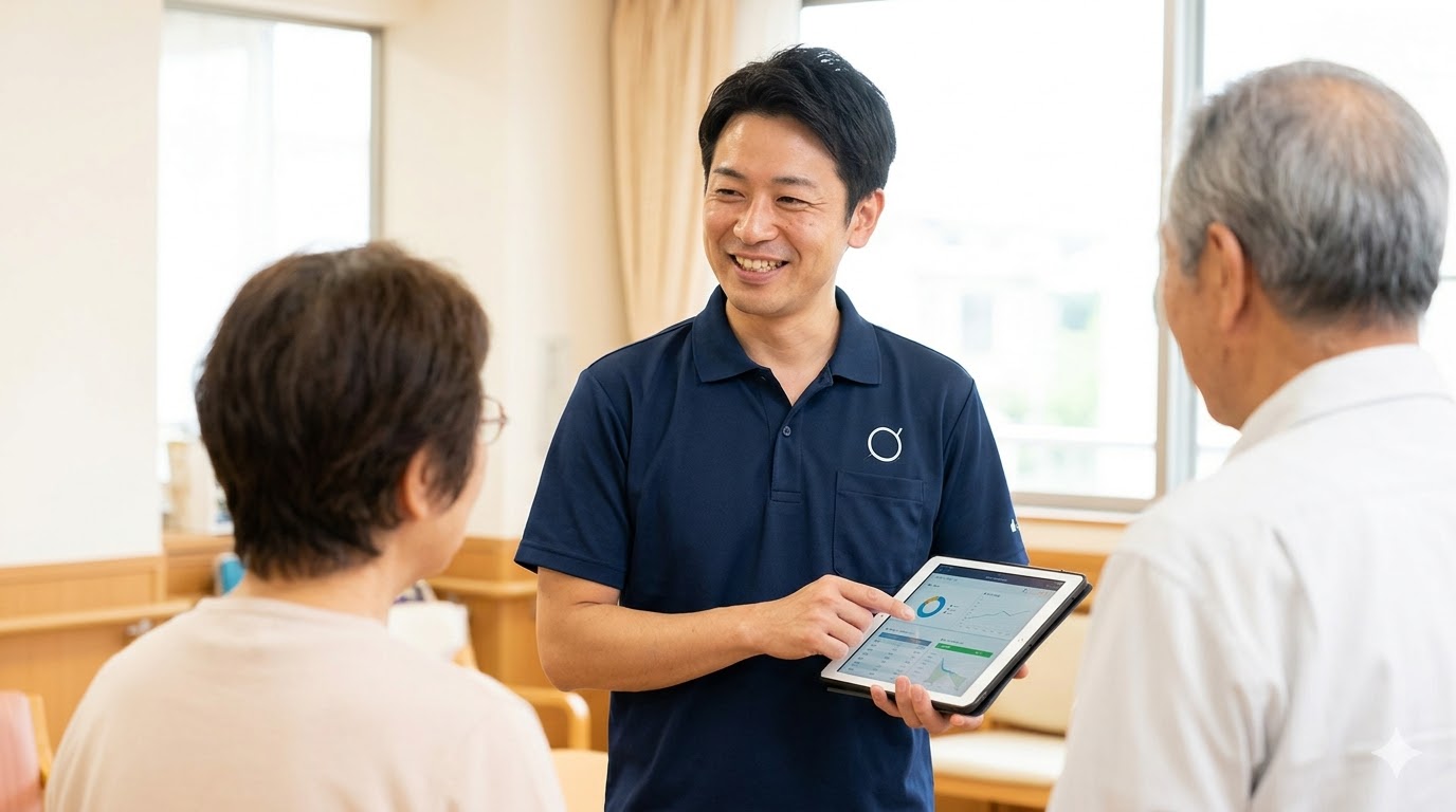 高齢者夫婦と笑顔で話す、実務経験豊富な日本人の男性ケアマネージャー。介護施設の内観。