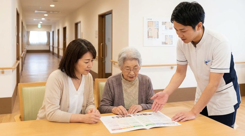 施設スタッフから、軽費老人ホームとケアハウスの違いが書かれたパンフレットの説明を受ける日本人の母娘。