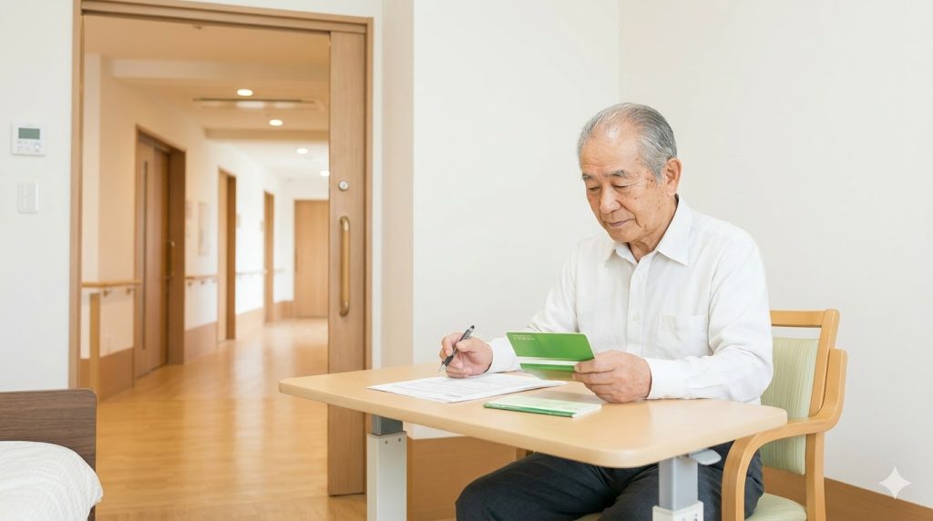 施設内の自室で、自身の収入に基づいた事務費や生活費の計画を立てる日本人の高齢男性。