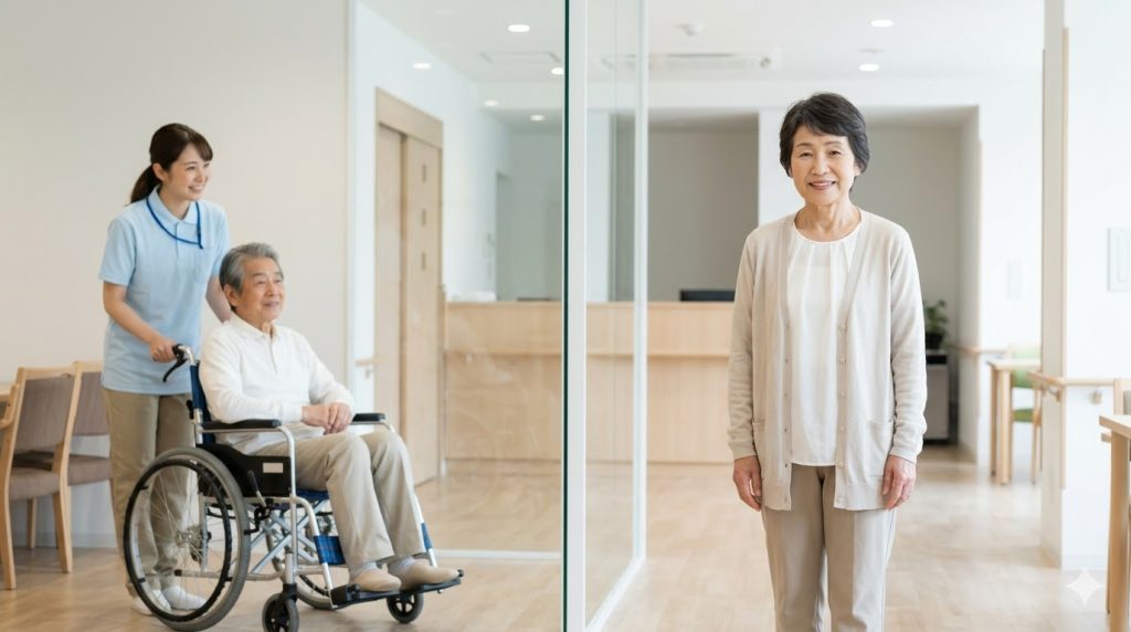 ケアハウスの「一般型」（自立）と「介護型」（要介護）のサービス内容の違いを表す、異なるケアレベルの日本人の高齢者。