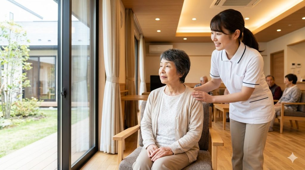 ケアハウスの待機期間中、一時的な代替策としてサービス付き高齢者向け住宅（サ高住）を利用する日本人の高齢女性。