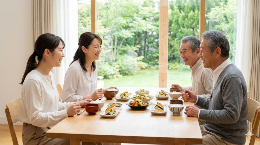 施設内の食堂で、家族と一緒に笑顔で食事を楽しむ日本人の高齢者。安心できる終の棲家。
