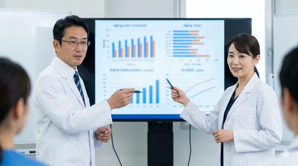 日本老年学会の研究結果に基づき、現代の高齢者が以前に比べて「若返り現象」を起こしていることを示す医学データを提示する2人の日本人医師。