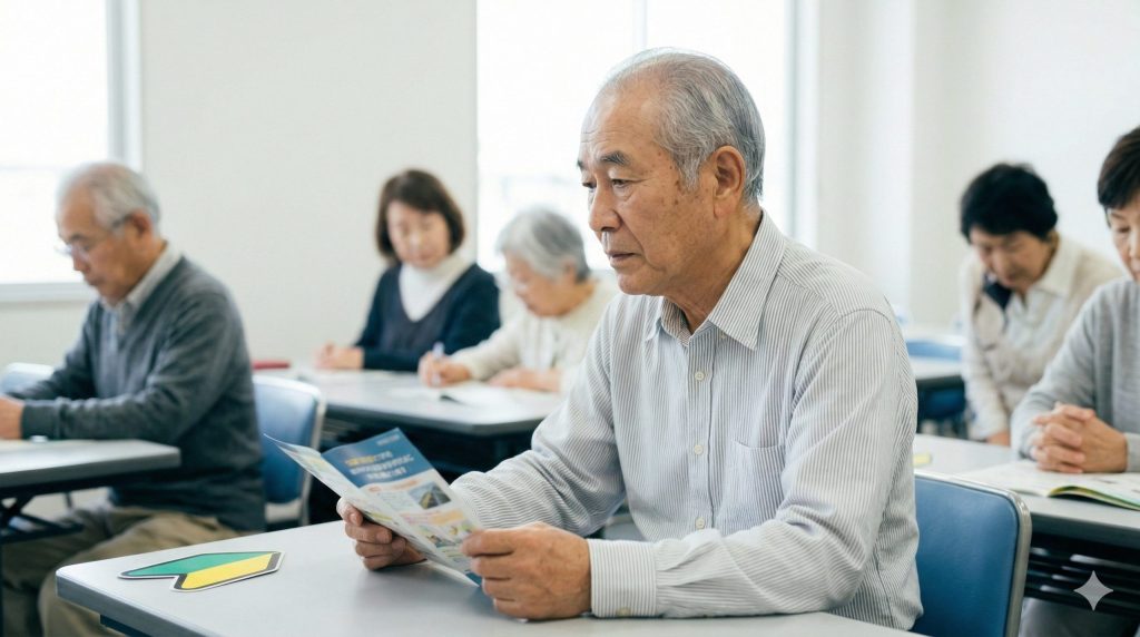 日本の自動車教習所で行われる高齢者講習にて、真剣な表情で資料を読み、安全運転についての説明を聞く70歳以上の日本人男性ドライバー。