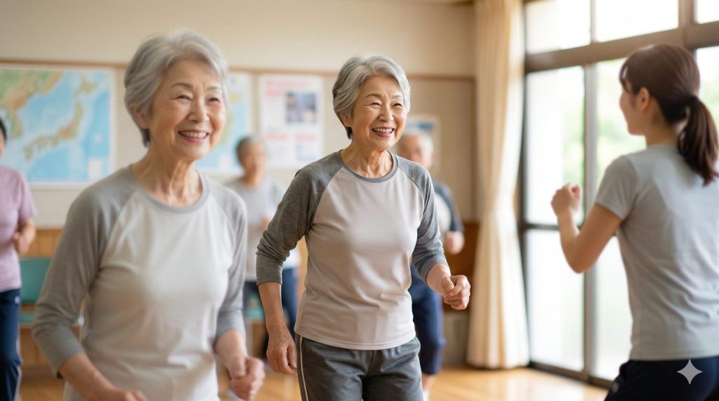 地域活動に積極的に参加し、他の参加者と共に笑顔で体を動かす、精神的に若々しい75歳の日本人女性。彼女の主観的な「気持ちの年齢」の若さが表れている