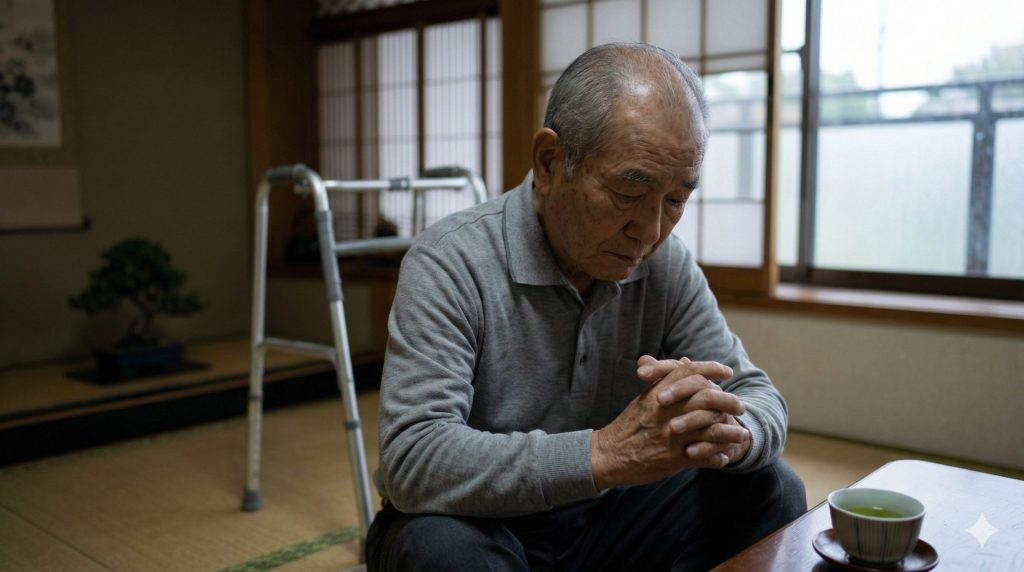 自宅のリビングで一人、ふさぎ込んで座る80歳の日本人男性。「自分はもう年だ」という思い込み（生活年齢の逆転現象）により外出や活動が減り、心身の活力を失っている状態。