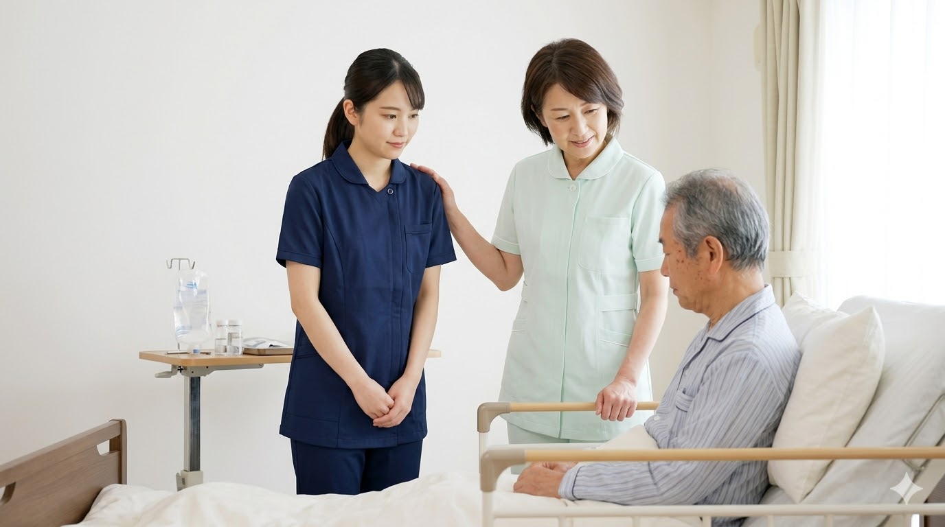 日本の在宅介護の現場で、訪問介護ヘルパーと訪問看護師が連携して高齢者のケア方針を確認し合う様子。医療と介護の連携を象徴します。